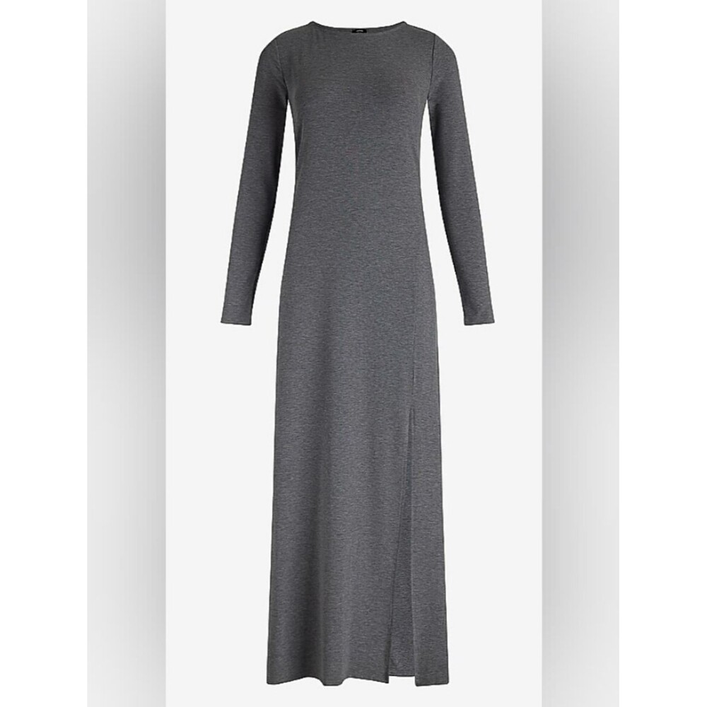 Express Boat Neck Long Sleeve Side Slit Maxi Dress XS Gray